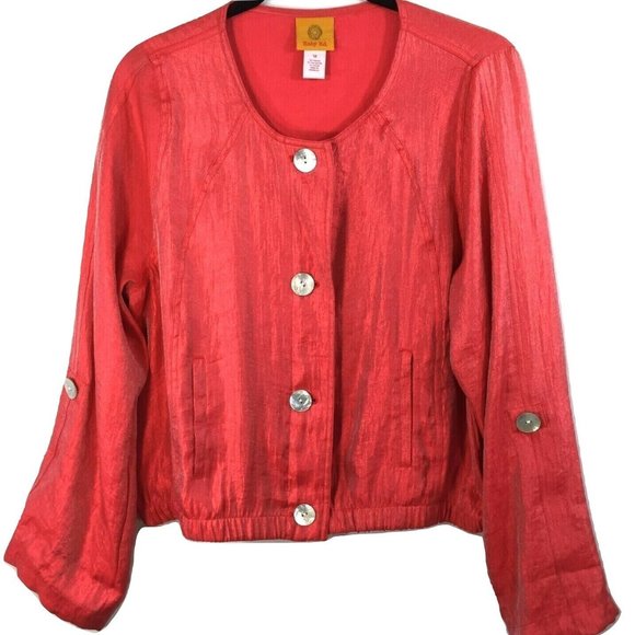 Ruby Rd Shirt Blouse Size 12 Melon 3/4 Roll Tab Sleeves Shimmery Elastic Waist - Picture 2 of 8